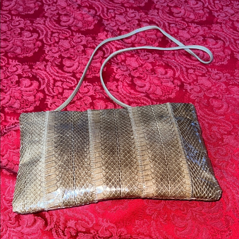 Clemente Vintage Elegant Tan Snakeskin Pattern Clutch/Shoulder Purse